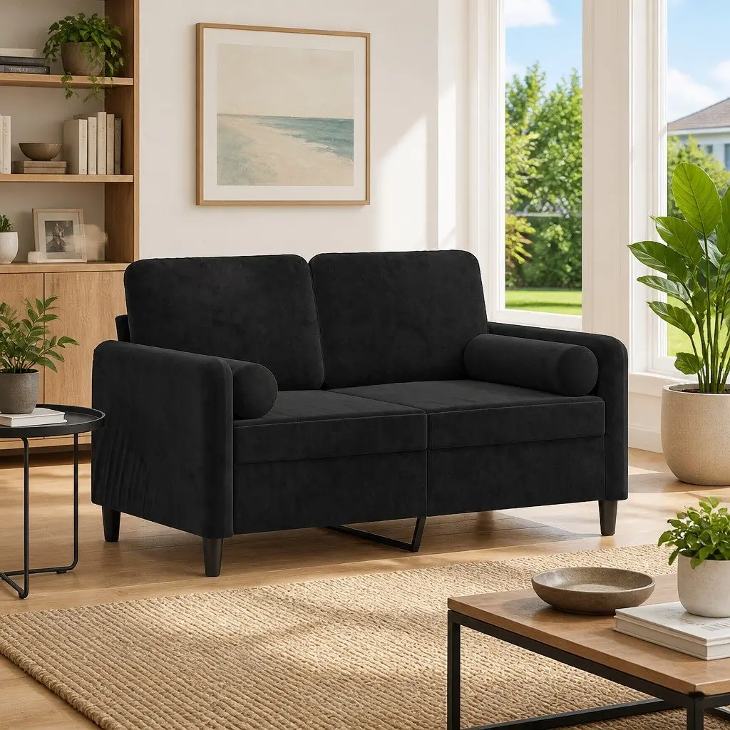 2-Seater Sofa Black Velvet 120cm Modern Lounge Couch with Throw Pillows