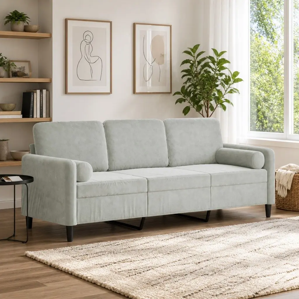 3-Seater Sofa Grey Velvet 180cm Modern Lounge Couch