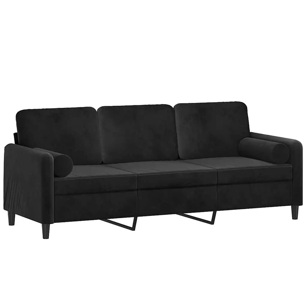 Lounge Couch Black Velvet 180cm 3-Seater with Throw Pillows