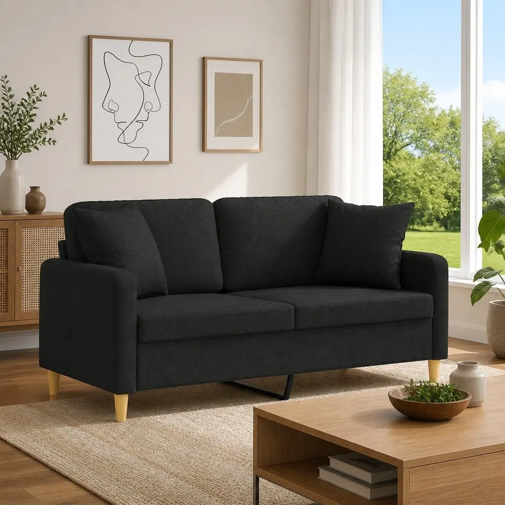 BlackFabricModern2SeaterSofa140cmwithComfortablePillows
