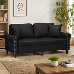 2-Seater Sofa Black 140cm Modern Lounge Faux Leather with Throw Pillows