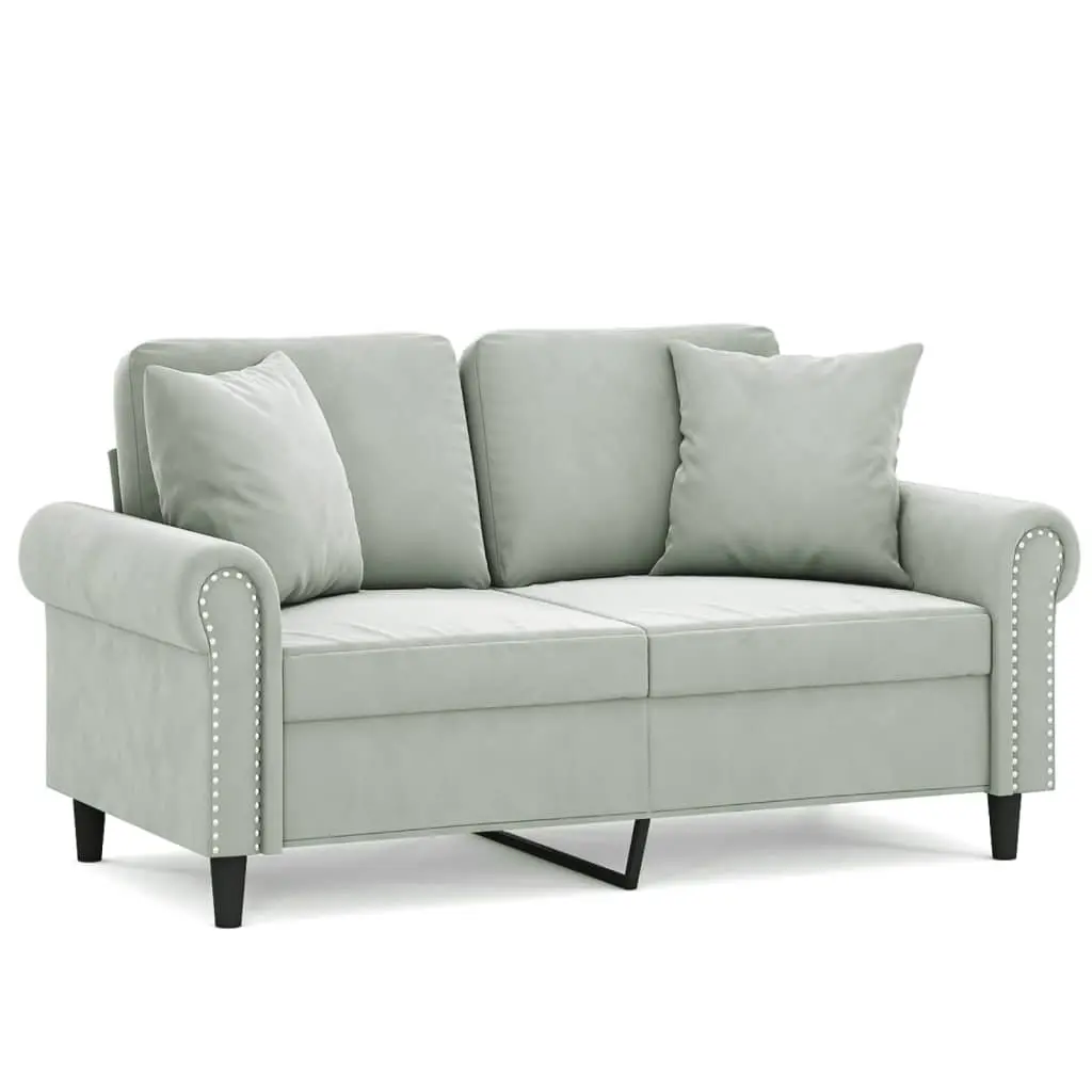 ModernGreyVelvet2SeaterLoungeSofa120cmwithDecorativeThrowPillows