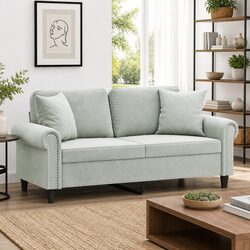 Your Cozy Spot: 2-Seater Grey Velvet Sofa with Pillows