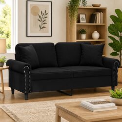 2-Seater Sofa Black 140cm Modern Lounge Velvet Couch with Throw Pillows