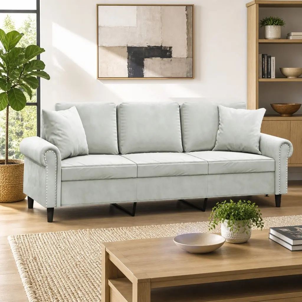 3 Seater Lounge Sofa Light Grey Velvet 180cm with Cushions