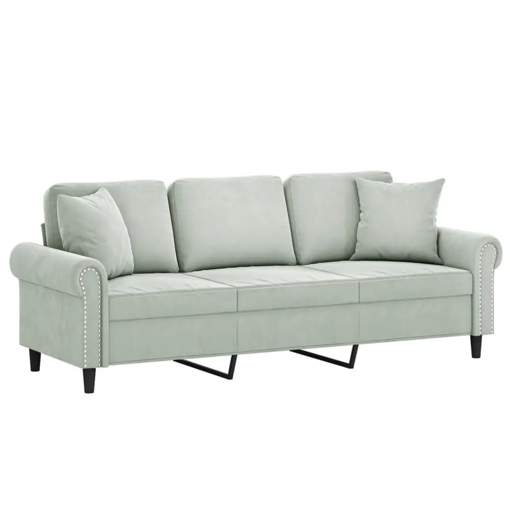 3 Seater Lounge Sofa Light Grey Velvet 180cm with Cushions