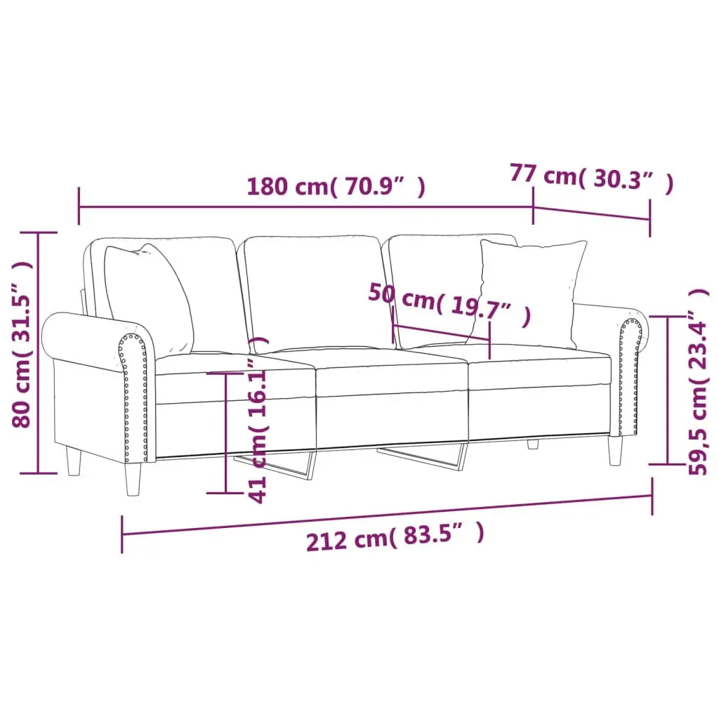 3-Seater Sofa Modern Velvet Upholstery Grey 180cm