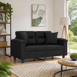 2-Seater Sofa Lounge Couch Modern Black Faux Leather with Throw Pillows 120cm