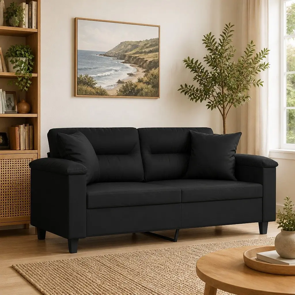 Lounge Couch 140cm Black Faux Leather 2-Seater with Decorative Throw Pillows