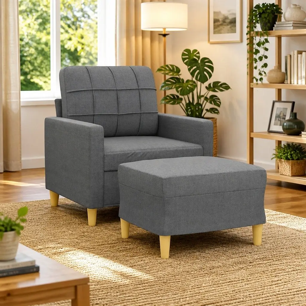 Grey Fabric Chair with Footstool