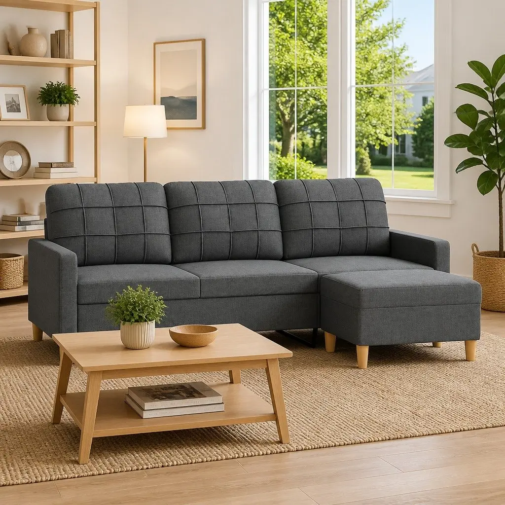 3-Seater Sofa with Footstool Grey Fabric 180cm