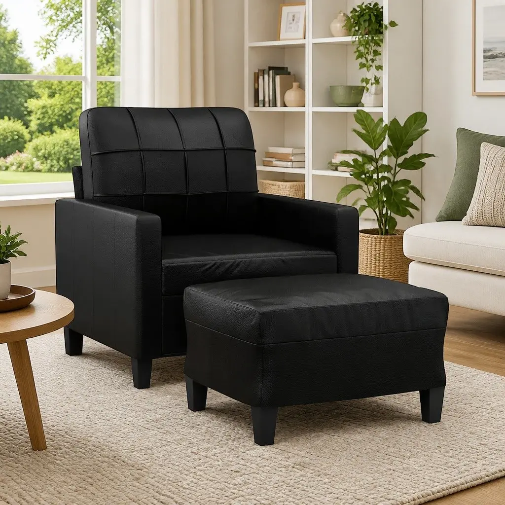 Sofa Armchair with Footstool Black Faux Leather Accent Chair Living Room Seat