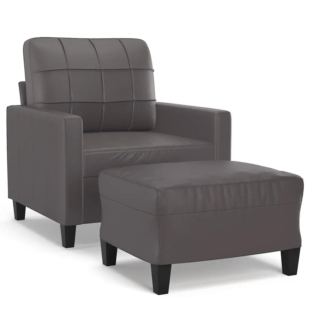 Sofa Chair Grey Faux Leather Compact with Footstool