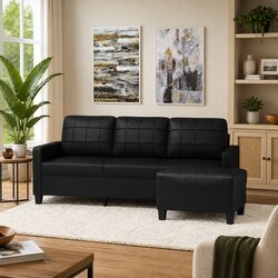 3-Seater Sofa with Footstool Black Faux Leather Living Room Furniture 180cm