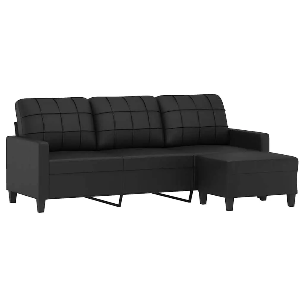 3-Seater Sofa with Footstool Black Faux Leather Compact Size 180cm