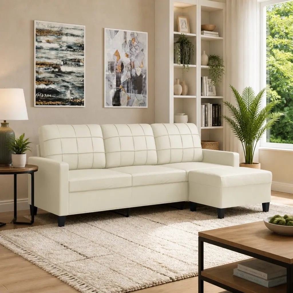 3-Seater Sofa with Footstool Cream Faux Leather 180cm