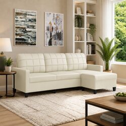 3-Seater Sofa with Footstool Cream Faux Leather Living Room Furniture 180cm
