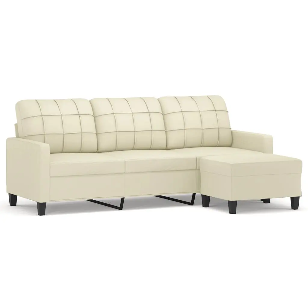 3-Seater Sofa with Footstool Cream Faux Leather 180cm