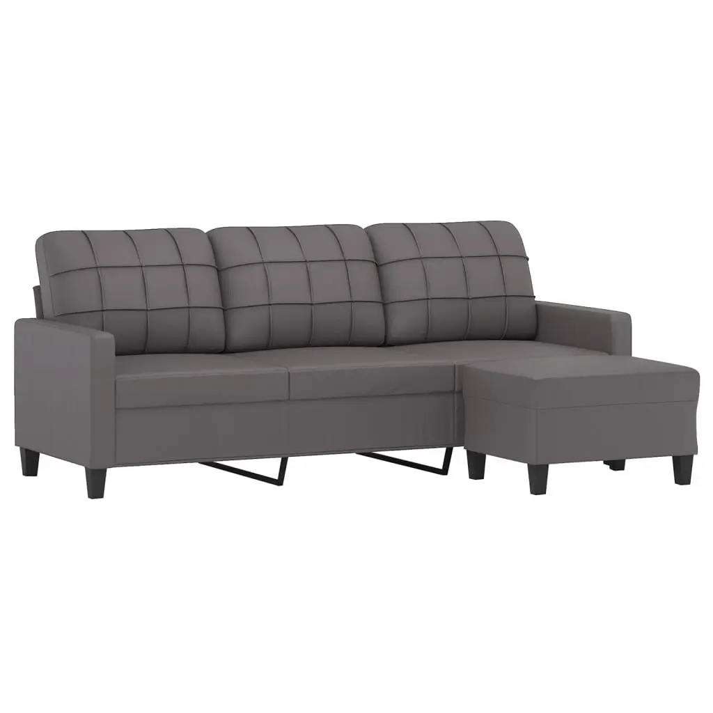 3-Seater Sofa with Footstool Grey Faux Leather 180 cm