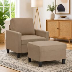 Comfortable Sofa Chair and Footstool in Brown Faux Leather