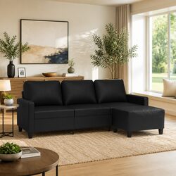3-Seater Sofa with Footstool Black Faux Leather 180cm Living Room Furniture