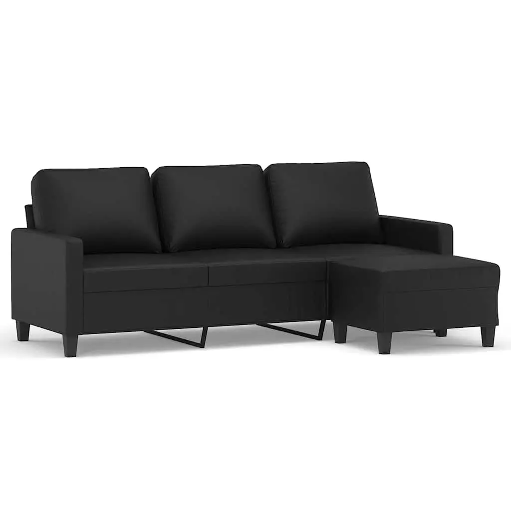 Black Faux Leather Sofa with Footstool