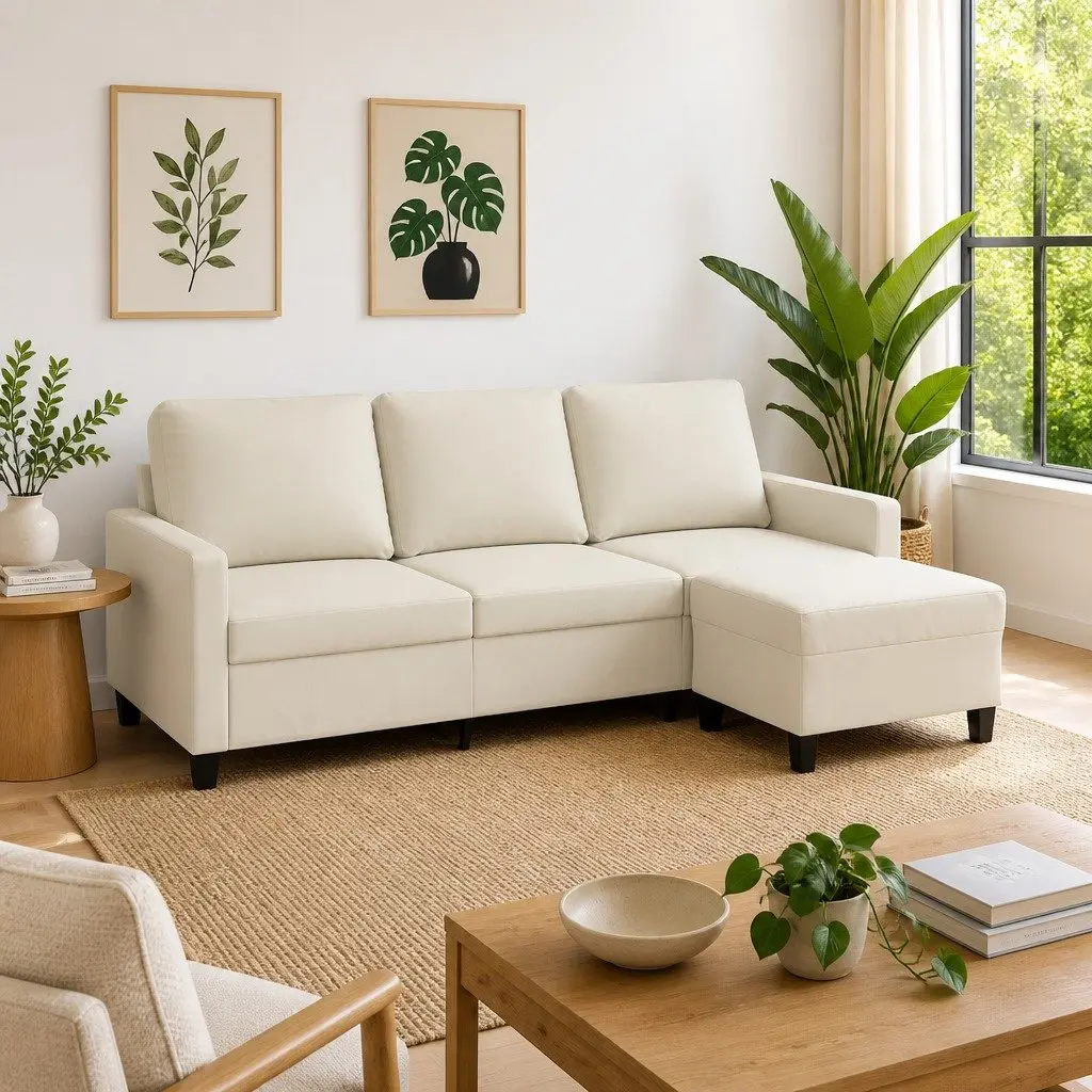 3-Seater Sofa with Footstool Faux Leather Cream 180cm Living Room Lounge Couch