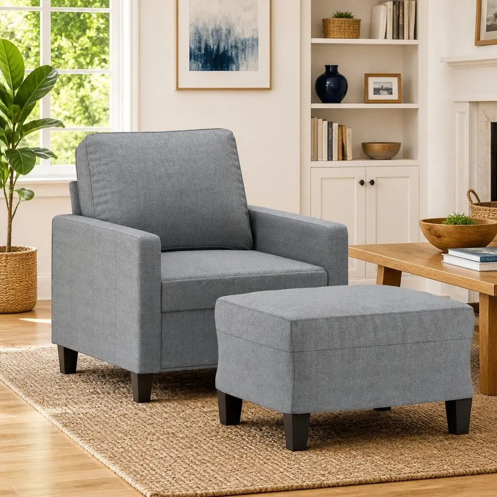 Sofa Armchair Light Grey Fabric with Footstool Compact Size