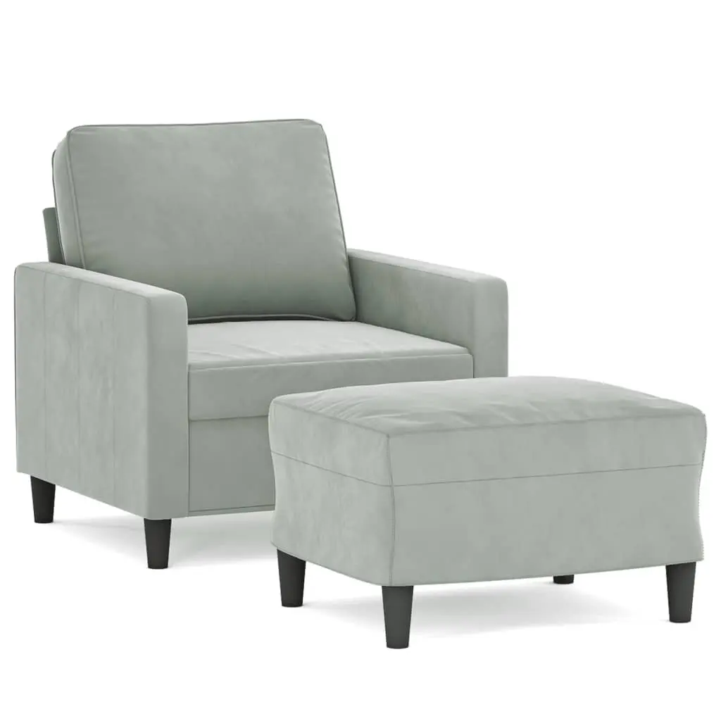 Grey Velvet Sofa Chair with Footstool Compact 60cm