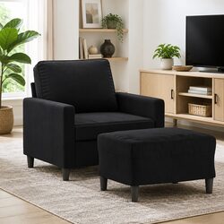 Black Velvet Sofa Chair with Footstool Compact Armchair Living Room Furniture