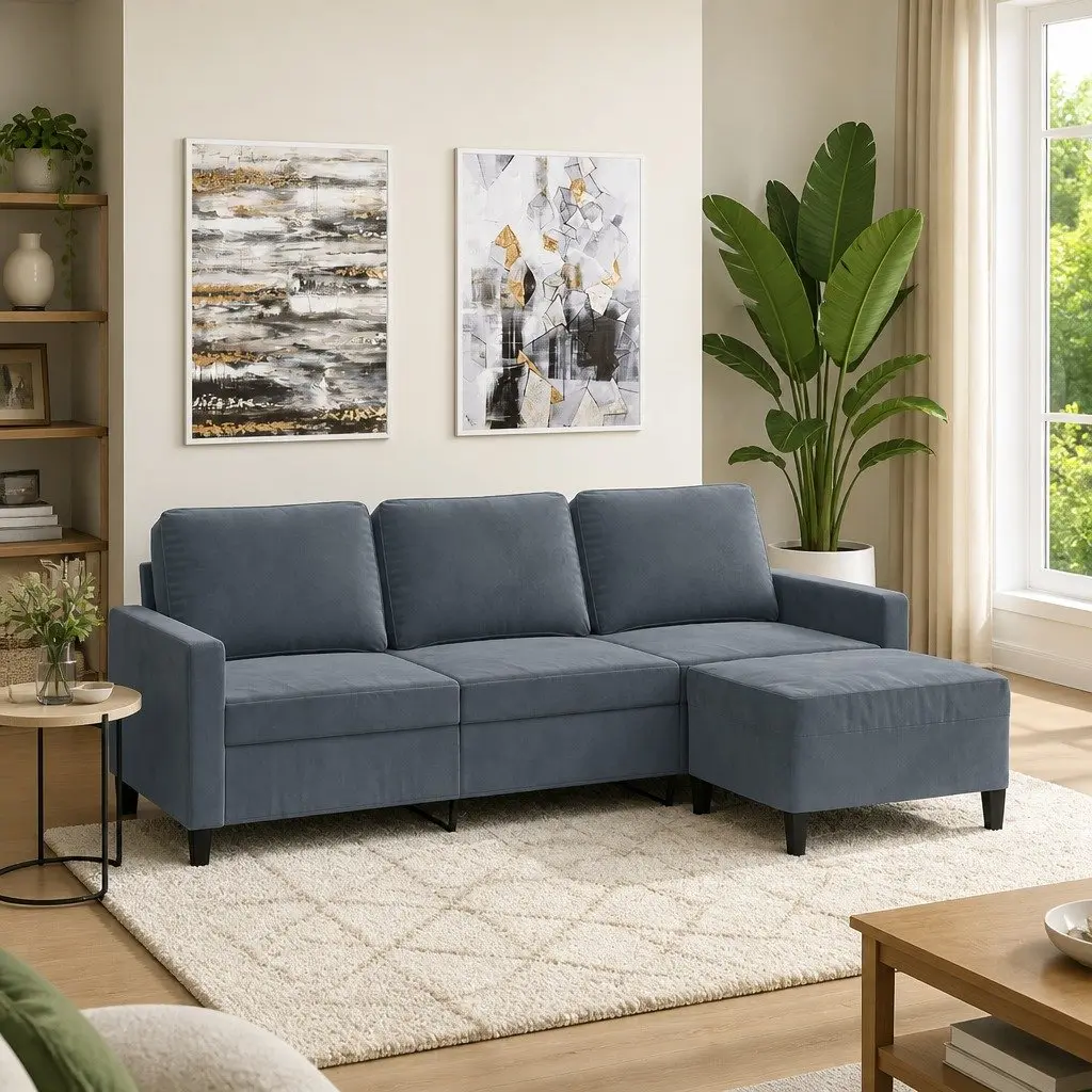 3-Seater Sofa Grey Velvet with Footstool 180cm