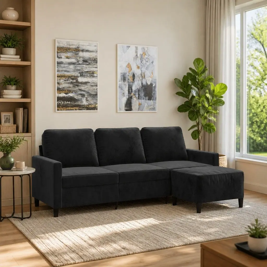 Black Velvet 3-Seater Sofa with Footstool 180cm Modern Lounge Couch