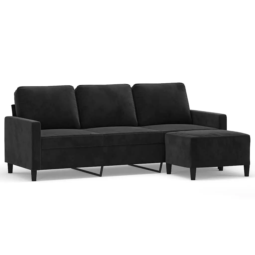 Black Velvet 3-Seater Sofa with Footstool 180cm Modern Lounge Couch