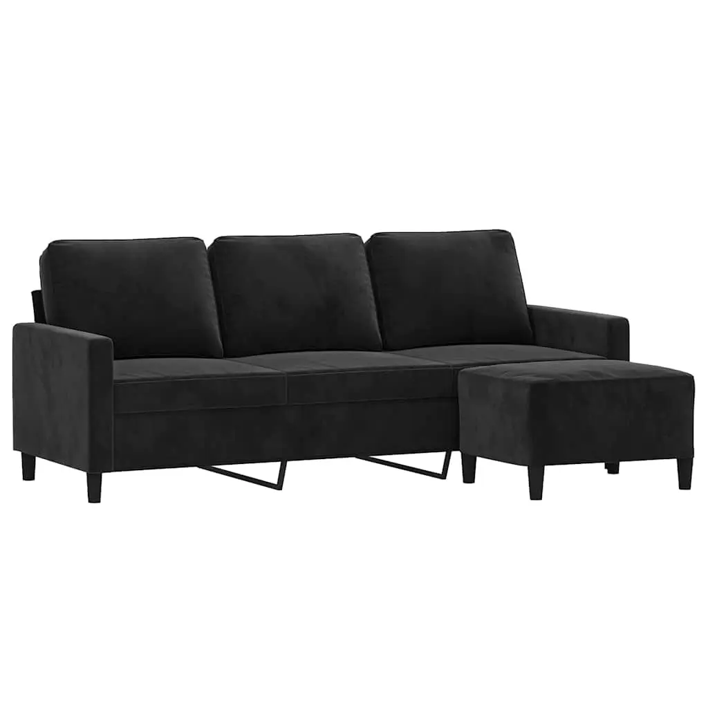 Black Velvet 3-Seater Sofa with Footstool 180cm Modern Lounge Couch