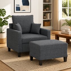 Grey Fabric Sofa Chair with Footstool Armchair Lounge Seat Living Room Furniture