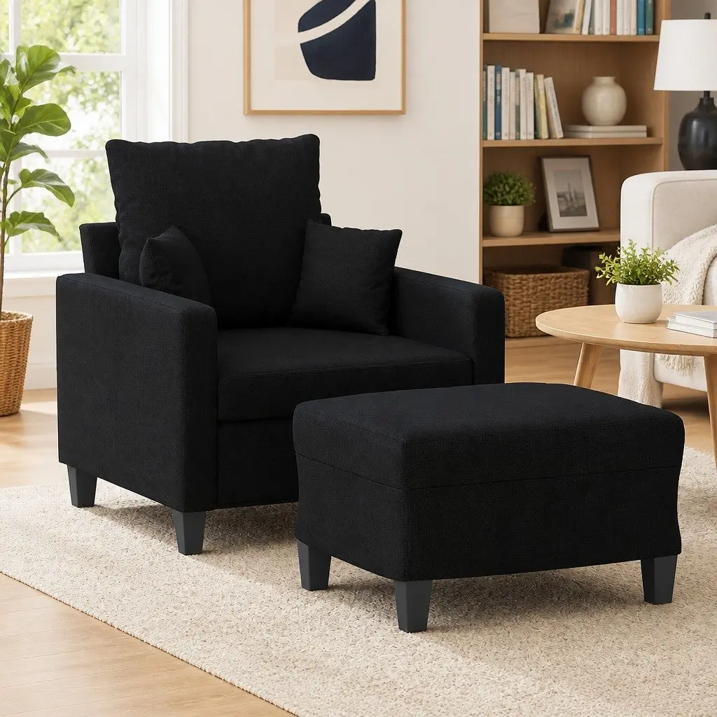 Black Sofa Chair and Footstool