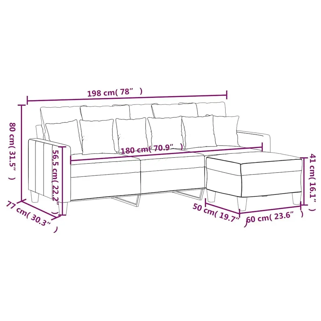 3-Seater Sofa with Footstool Black Fabric Couch 180cm