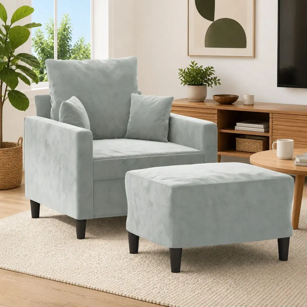 Sofa Chair with Footstool Grey Velvet Armchair Relaxing Lounge Seat Home
