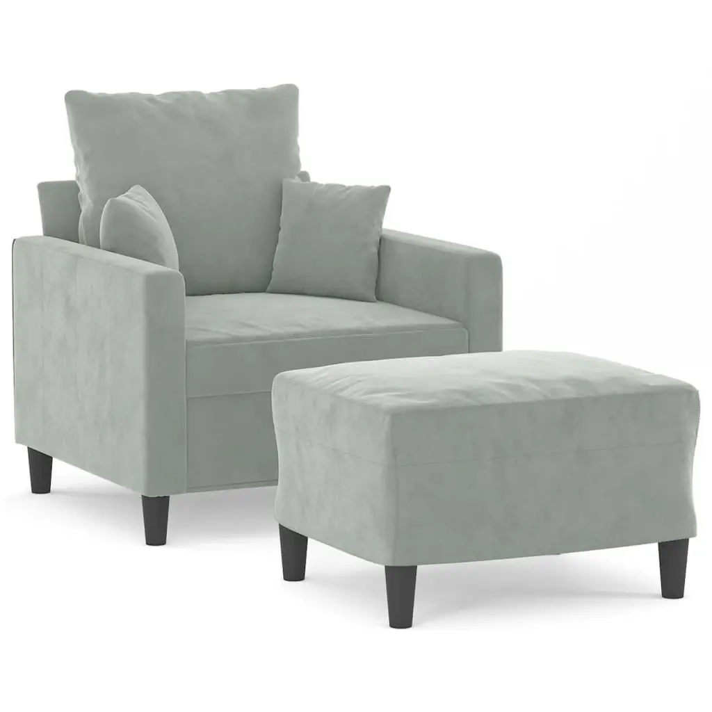 Sofa Chair with Footstool Grey Velvet Armchair Relaxing Lounge Seat Home