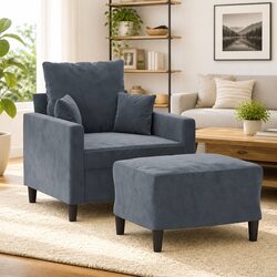 Grey Velvet Sofa Chair with Footstool Compact Armchair Modern Living Room