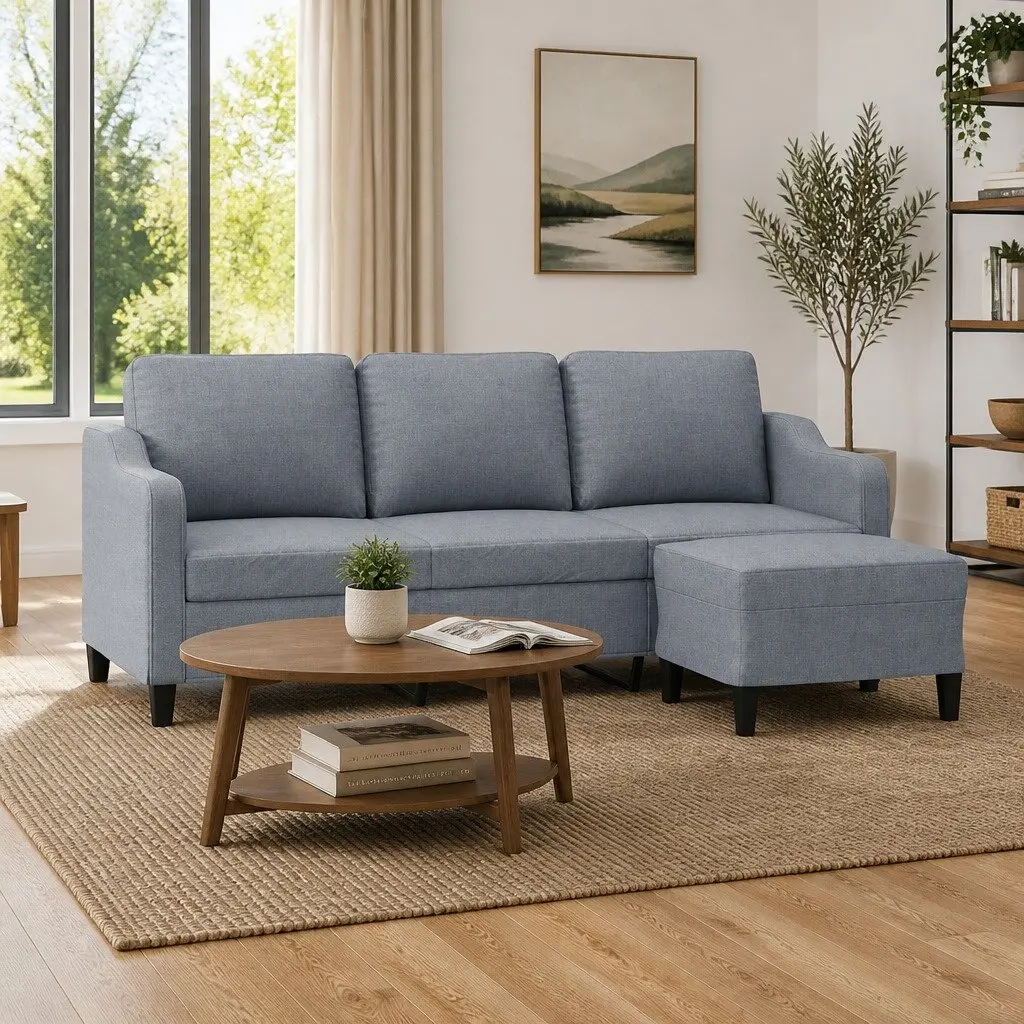 3-Seater Grey Fabric Sofa with Footstool 180cm for Living Room Relaxation