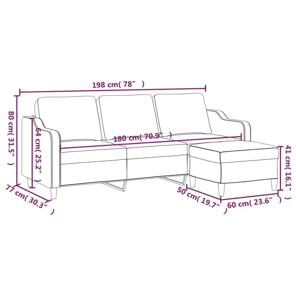 3-Seater Grey Fabric Sofa with Footstool 180cm for Living Room Relaxation