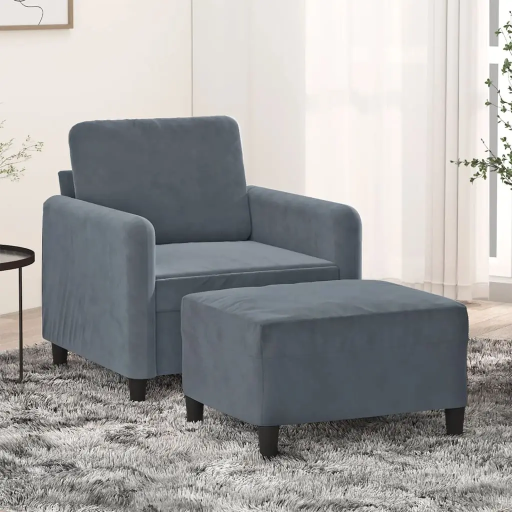 Grey Velvet Sofa Chair and Footstool