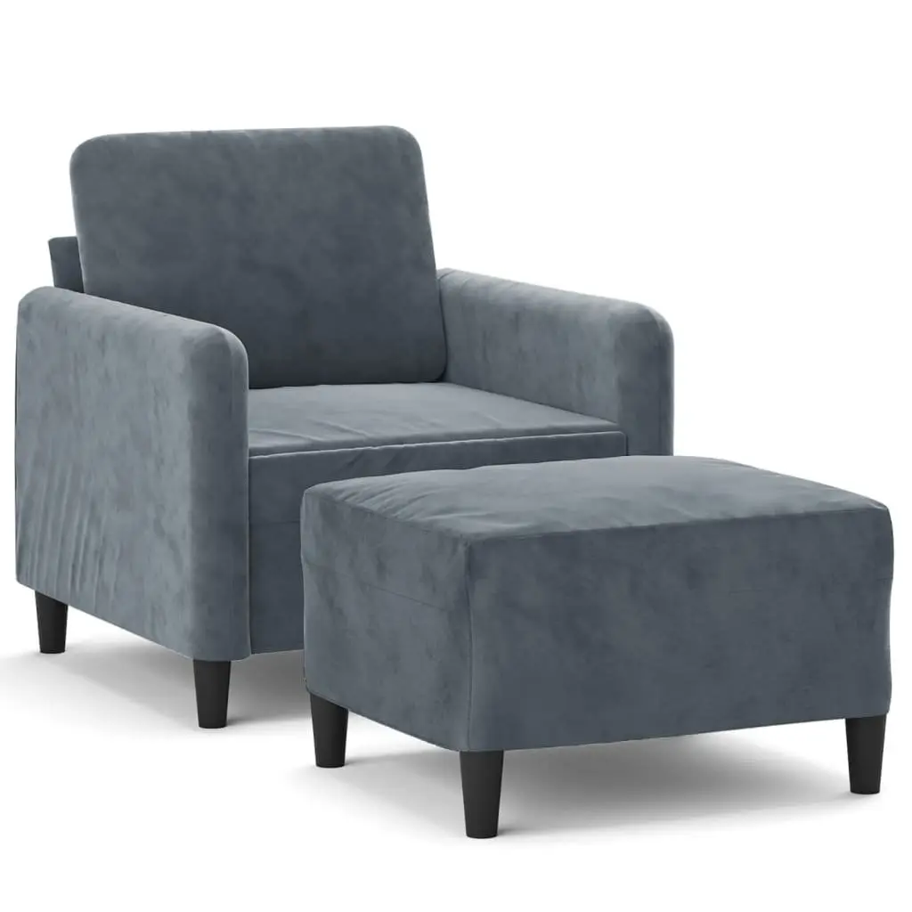Grey Velvet Sofa Chair and Footstool
