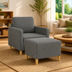 Grey Fabric Sofa Chair with Footstool Armchair Lounge Seat Living Room Furniture