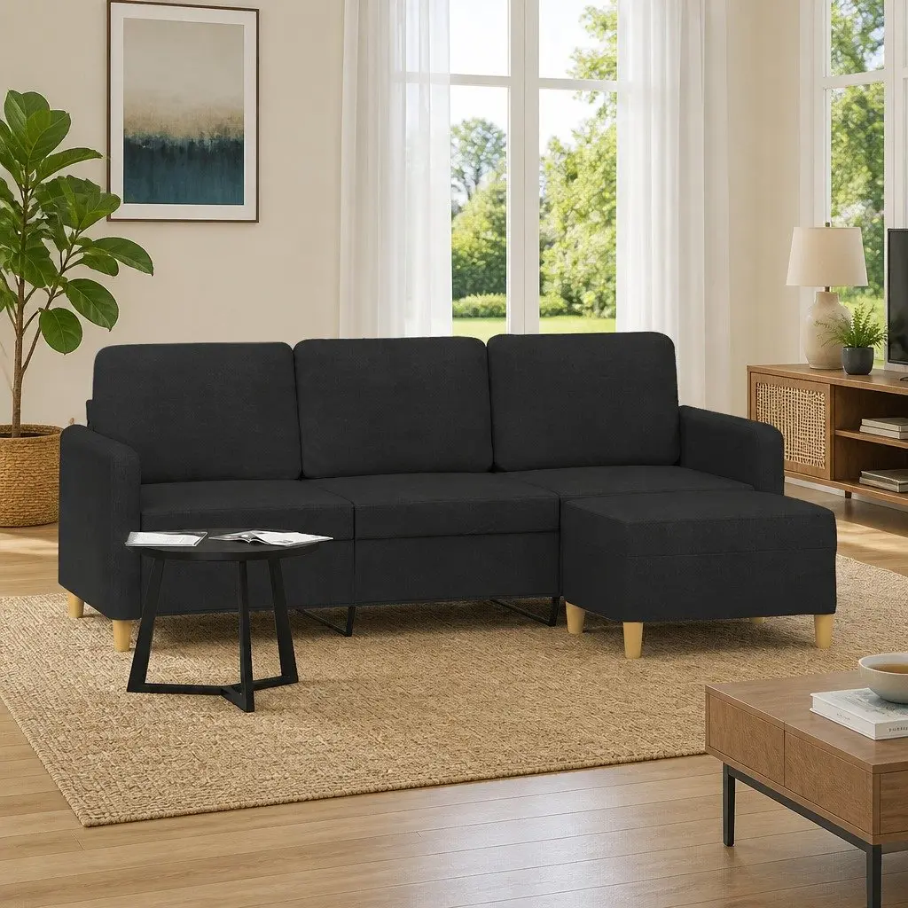 3-Seater Sofa with Footstool Black Fabric 180cm