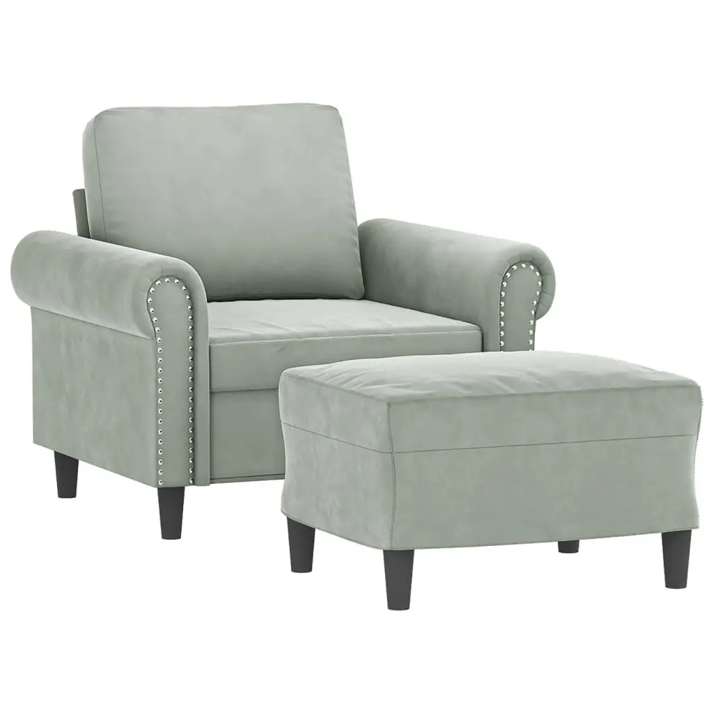 Sofa Chair with Footstool Grey Velvet Lounge Seat Armchair Living Room Furniture