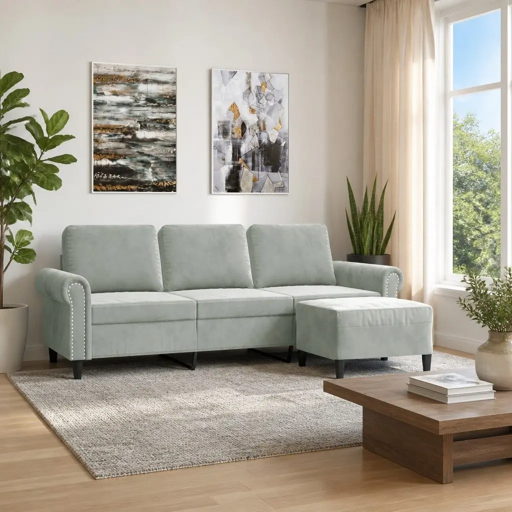 Grey Velvet 3-Seater Lounge Sofa with Footstool 180cm