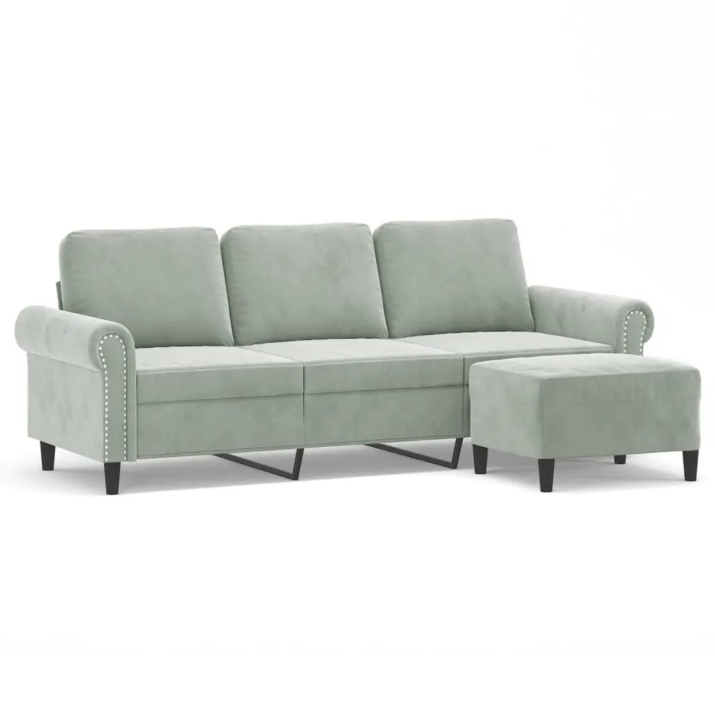 Grey Velvet 3-Seater Lounge Sofa with Footstool 180cm