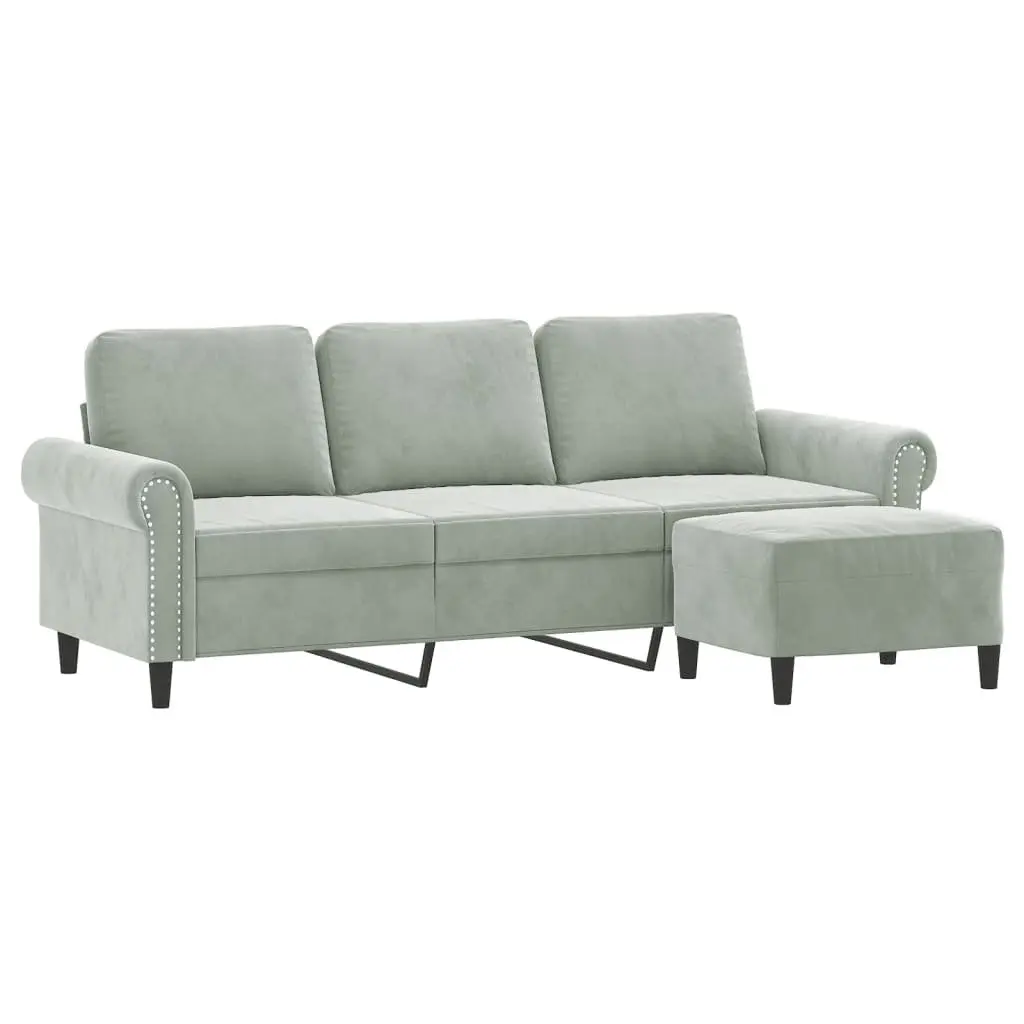 Grey Velvet 3-Seater Lounge Sofa with Footstool 180cm